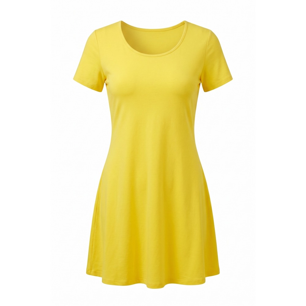 Womens Short‎ Sleeve Skater Dress Yellow Scoop Neck Mini Fit and Flare Casual